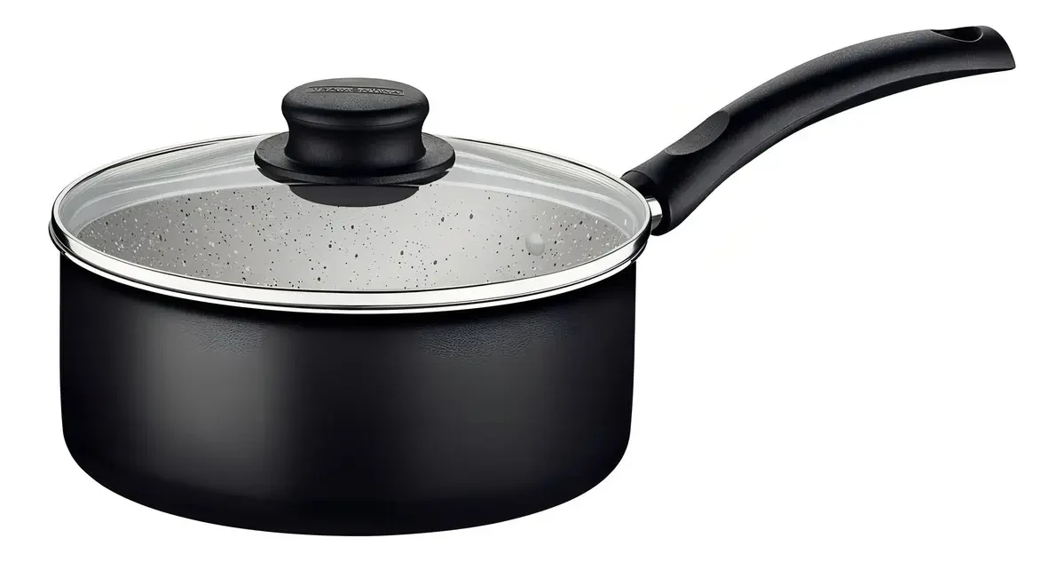 Panela Tramontina Turim preta de 16 cm com tampa de vidro.